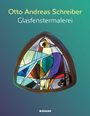 Text: "Otto Andreas Schreiber Glasfenstermalerei." Darunter ein abstraktes, dreieckiges Glasfenster mit bunten Formen.