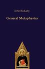 Text: "John Rickaby, General Metaphysics, Editiones Scholasticae". Illustration: Heiliger mit rotem Buch und goldenem Hintergrund.