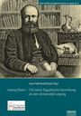 „Georg Ebers – 150 Jahre Ägyptische Sammlung an der Universität Leipzig“ mit Illustration eines sitzenden Mannes in einer Bibliothek.