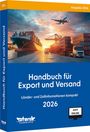 Titel: Handbuch für Export und Versand 2026. Ein Frachtschiff, Lastwagen und ein Flugzeug bei Sonnenuntergang.