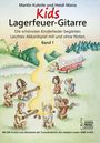 Titel: "Kids Lagerfeuer-Gitarre - Band 1". Kinder mit Gitarren am Lagerfeuer, Camper im Hintergrund.