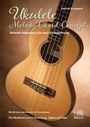 Titel: "Ukulele Melody-Chord Concept". Anzeige einer Ukulele mit Noten und Tabs, samt QR-Codes zum Streamen.