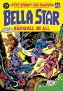 "BELLA STAR: KRAWALL IM ALL" - Comic-Illustration mit kämpfenden Aliens und Sprechblasen.