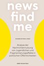 Text: "news find me" oben, "SUSANNE REITMAIR-JUÁREZ" klein, darunter Beschreibung der Analyse in schwarzer Schrift. Zwei gelbe Halbkreise.