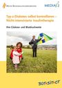 "Typ-2-Diabetes selbst kontrollieren – Nicht-intensivierte Insulintherapie. Ihre Glukose- und Blutdruckwerte." Eine Familie auf einer Wiese mit einem Drachen.