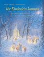 Titel: "Ihr Kinderlein kommet". Illustration einer Winterlandschaft mit Kindern, die zur beleuchteten Kirche gehen.