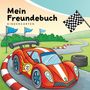 "Mein Freundebuch", "Kindergarten". Illustration eines roten Rennwagens, Rennstrecke, schwarz-weiß karierte Flagge.