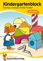 "Kindergartenblock: Formen, Farben, Fehler finden, ab 4 Jahre." Illustration: Hund mit Bauklötzen und Helm.