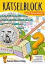 "Rätselblock ab 11 Jahre, Band 2. GEHEIM. FROH. Illustration mit Rätseln, Fragezeichen, Würfel, Stift und Detektiv."