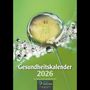Gesundheitskalender 2026 mit der Darstellung von Da Vincis Vitruvianischem Mensch in einer Taukugel auf grünem Hintergrund.