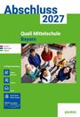 Abschluss 2027, Quali Mittelschule Bayern. Jugendliche blicken lächelnd hoch, auf hellem Pflaster. Links: Prüfungsvorbereitung.