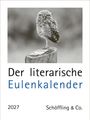 "Der literarische Eulenkalender 2027, Schöffling & Co." zeigt eine Eule auf einem Holzpfosten.