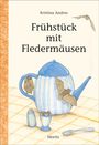 "Frühstück mit Fledermäusen" von Kristina Andres. Illustration: Teekanne mit Fledermäusen, ein Ei und ein Löffel.