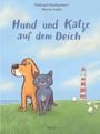 "Waltraud Haarlammert, Marine Ludin: Hund und Katze auf dem Deich. Illustration von Hund, Katze, Leuchtturm und Schafen."