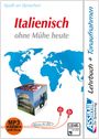 "Italienisch ohne Mühe heute", Weltkarte, Würfel mit Kolosseum und Vespa, MP3 Audio USB-Stick Symbol, ASSIMIL-Logo.