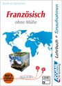 "Französisch ohne Mühe" und "Spaß an Sprachen" stehen vor einer Weltkarte mit Würfel, Kopfhörern und einem orangefarbenen Kreis.