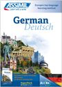 Logo „ASSIMIL Learn with a smile“, Text „German Deutsch“, europäische Wahrzeichen wie das Brandenburger Tor.