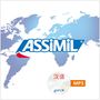 Die Texte "ASSIMIL", "汉语", und "MP3" erscheinen vor einer blauen Weltkarte. Ein CD-Design ist sichtbar.