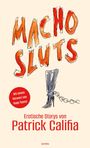 "Macho Sluts" in orangen Buchstaben, roter Kreis mit "Vorwort von Hugo Tepest". Illustration eines Stiefels mit Kette.