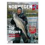 Cover des Magazins "NORWEGEN" mit Flagge, titelt "Top-Reviere". Bild eines lächelnden Anglers mit großem Fisch.