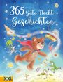 "365 Gute-Nacht-Geschichten." Ein fröhlicher Teddy fliegt mit einem roten Umhang durch einen fantasievollen Nachthimmel.