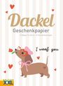 TEXT: Dackel Geschenkpapier, 10 Bögen 72 x 52 cm, 21 Geschenkanhänger, I woof you.  
Illustration: Dackel mit Herzbrille, Blume.