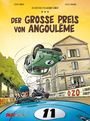 "Der große Preis von Angoulême" steht oben. Ein grünes Rennauto überschlägt sich in einer Stadtszene. Zuschauer schauen zu.