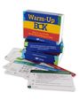 "Warm-Up Box" steht auf einer bunten, übereinanderliegenden Sammlung von Karten.
