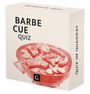 "BARBE CUE QUIZ, QUIZ IM QUADRAT". Eine Box mit einer rot-weißen Illustration eines Grills voller Lebensmittel.