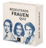Text: "Bedeutende Frauen Quiz", "Quiz im Quadrat". Illustration: Drei Porträts in Blau gehalten.