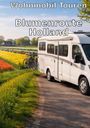 "Wohnmobil Touren, Blumenroute Holland." Ein weißes Wohnmobil steht auf einer Straße, umgeben von bunten Blumenfeldern.