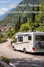 „Wohnmobil Touren: Italienische Seen-Route“. Ein Wohnmobil fährt eine kurvige Straße entlang, umgeben von Bergen und Bäumen.