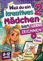 Ein fröhlich gezeichnetes Mädchen malt, umgeben von Texten wie "Lerne Zeichnen" und "Schritt Anleitung".