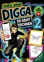 „Coole Jungs, Digga, so geht Zeichnen 2, mit Video“. Junge hält ein Handy, dynamische Pose, bunte Lichter.