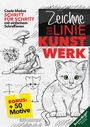 "Zeichne von der Linie zum Kunstwerk." Skizzen von Auge, Blumen, Frau, Katze. Gelber Zettel: "BONUS: +50 Motive".