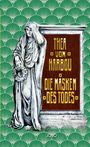 „Thea von Harbou, Die Masken des Todes“, Illustration mit einer gewandeten Statue und grünem, geometrischem Muster.
