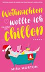 "Weihnachten wollte ich chillen" auf pinkem Hintergrund. Frau in Wanne mit Santa-Mütze, Buch, Cocktail.