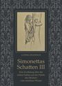 Titel: "Simonettas Schatten III" von Ludwig Drahosch. Illustration eines Mannes mit Flügeln an einem Baum. Dekoratives Muster.