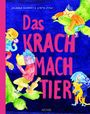 "Das Krachmach-Tier"; bunte, verspielte Illustration mit Kindern, die ein grünes Wesen erklimmen.