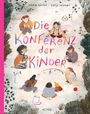 "Die Konferenz der Kinder" in großen bunten Buchstaben. Kinder sitzen im Kreis auf dem Boden, umgeben von Bäumen.