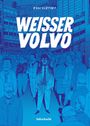 "Weisser Volvo" in fetten weißen Buchstaben vor einer blauen Illustration einer Menschenmenge in einer Stadt.