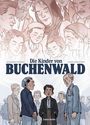 Titel: "Die Kinder von Buchenwald". Illustration von Menschen in Konzentrationslagerkleidung, einige mit gesenktem Blick.