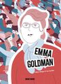 "EMMA GOLDMAN", Hélène Aldeguer & Léa Gautier. Illustration: Frau mit Brille, umgeben von Menschenmengen in Blau-Rot.