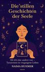 "Die stillen Geschichten der Seele." Illustration: Frau hält eine Karte mit dem Mond, umgeben von Sternen und Pflanzen.