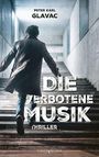 Titel: "Die Verbotene Musik". Ein Mann in einem Mantel rennt eine Beton­treppe hinauf in einem modernen Gebäude.