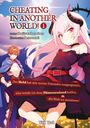 Text: "CHEATING IN ANOTHER WORLD! 1", "Der Held hat mir meine Freundin ausgespannt, also werde ich dem Dämonenlord helfen, die Welt zu zerstören!" Illustration: Ein Dämonenmädchen mit Hörnern steht dominant im Vordergrund, während ein Held mit Rüstung im Hintergrund zu sehen ist.