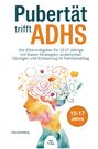 "Pubertät trifft ADHS" in großen Buchstaben. Darunter ein buntes Profil, künstlerisch mit Wirbeln und Symbolen gestaltet.