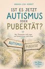 Titel: "Ist es jetzt Autismus oder Pubertät?" Illustration mit Wegweiser zu Autismus und Pubertät.