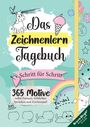 "Das Zeichnenlern Tagebuch", "Schritt für Schritt", "365 Motive". Verspielte Illustrationen von Einhorn, Eis und Katze.