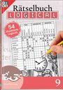 "Rätselbuch Logical", "54 illustrierte Logicals", Tabelle mit Uhrzeiten, Hand mit Stift; Logo mit Auge, Nummer 9.